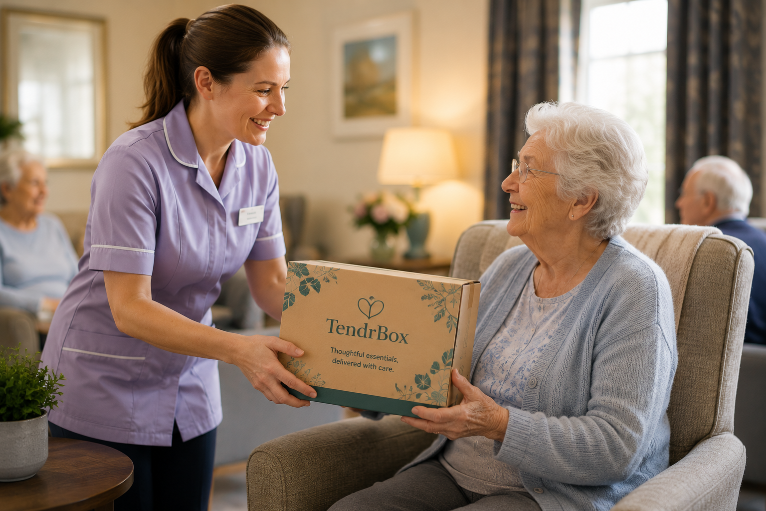 A care assistant handing a clearly labelled TendrBox to a resident